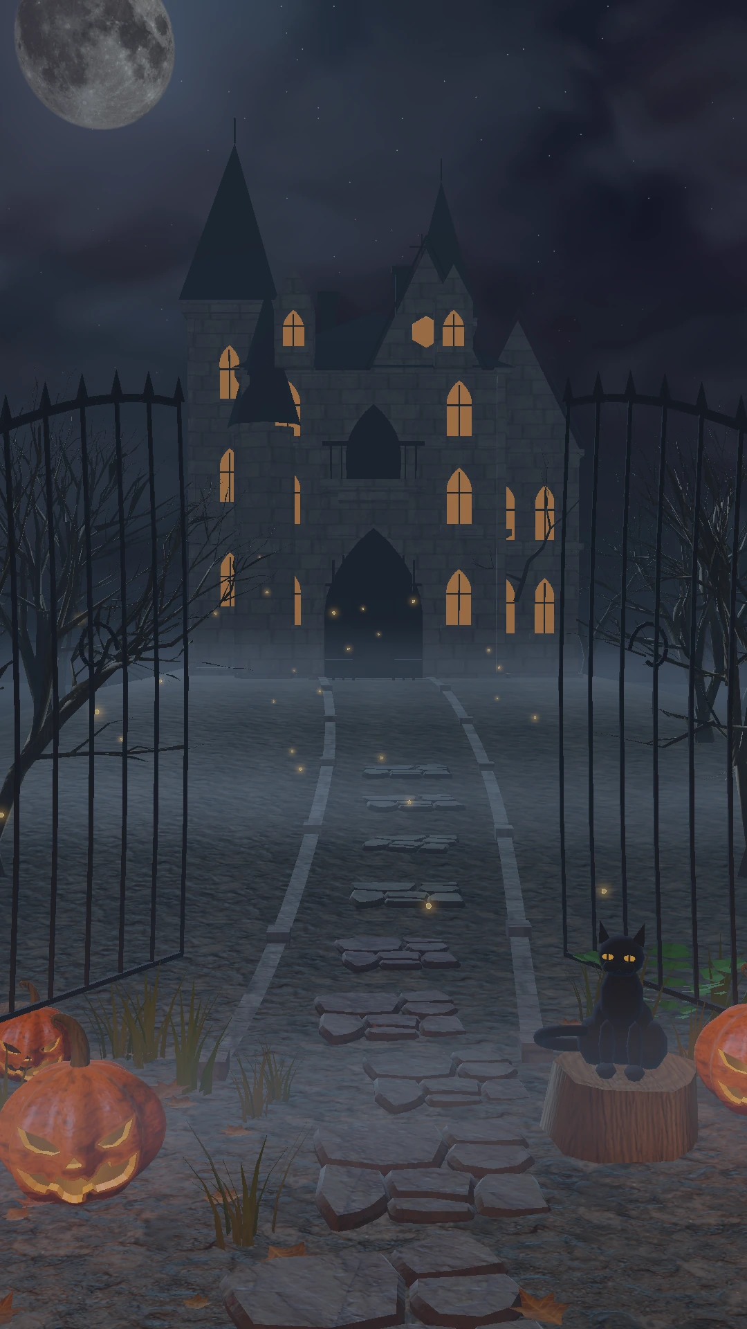 The Gothic castle. Gothic towers behind an iron gate. One leaf of the gate stirs in the wind as lightning reveals the façade.