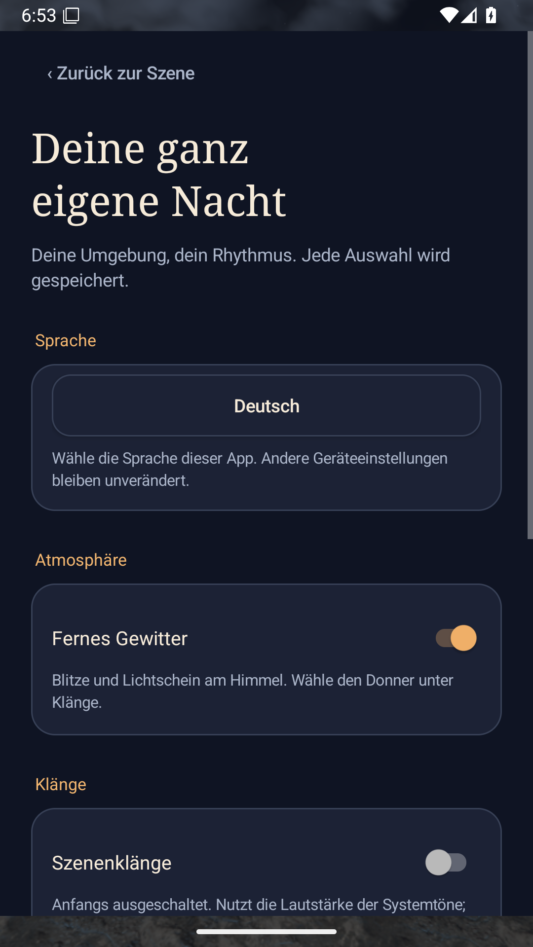 Oberer Teil der Einstellungen mit Titel, Sprache und Optionen für die Atmosphäre.