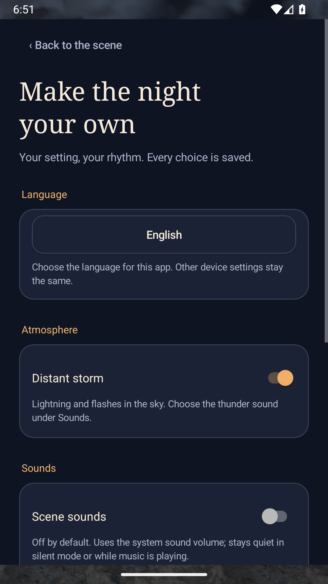 Top of the settings screen, showing the title, language and atmosphere options.