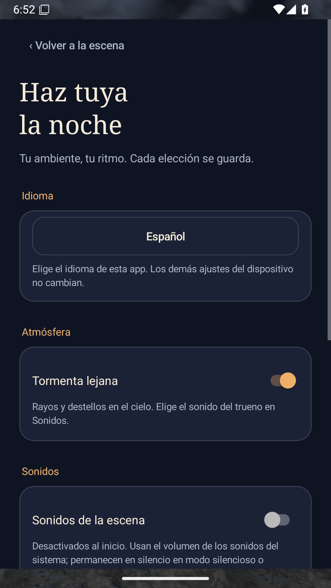 Parte superior de los ajustes, con el título, el idioma y las opciones de ambiente.