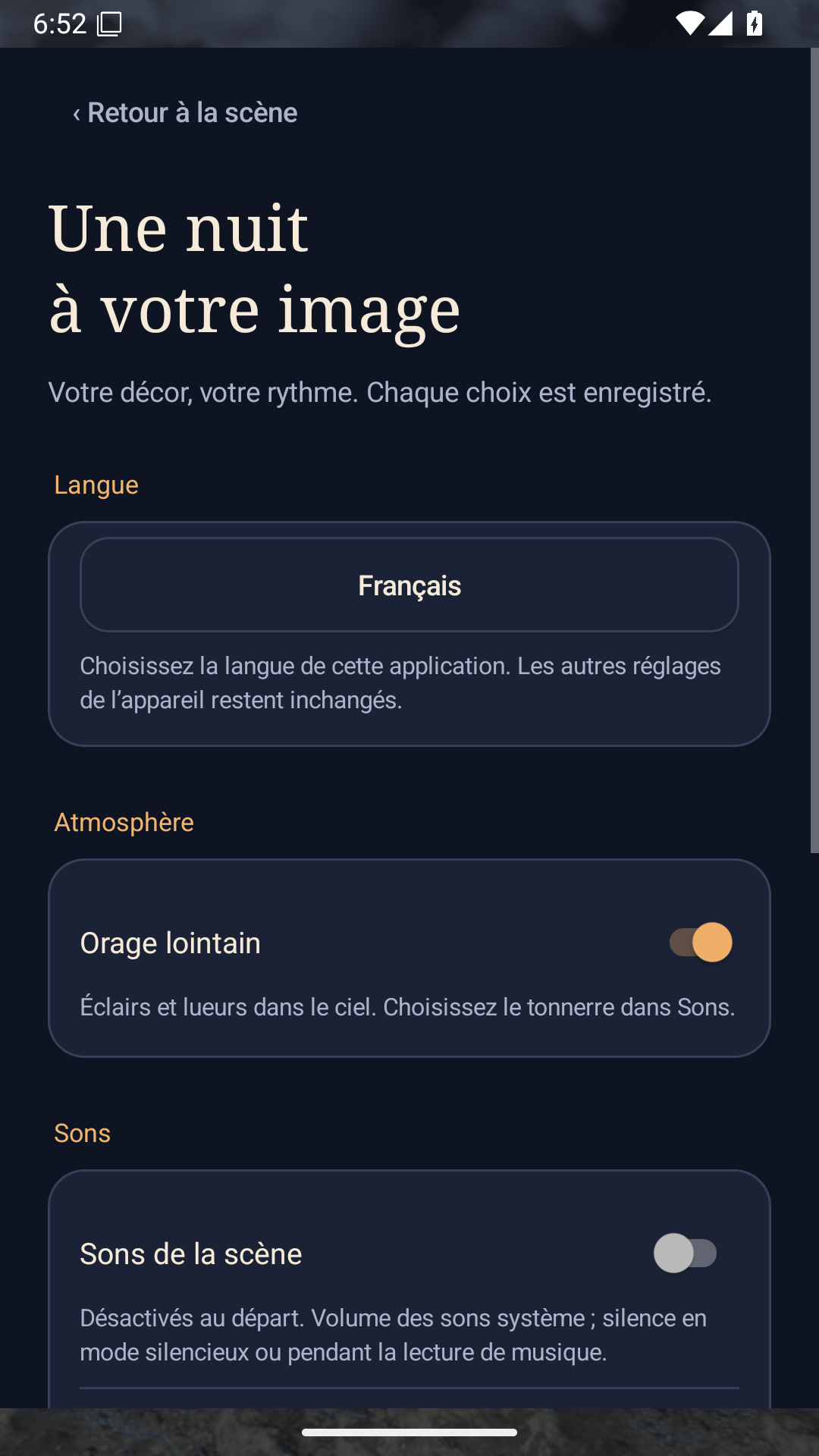 Haut des réglages, avec le titre, la langue et les options d’ambiance.