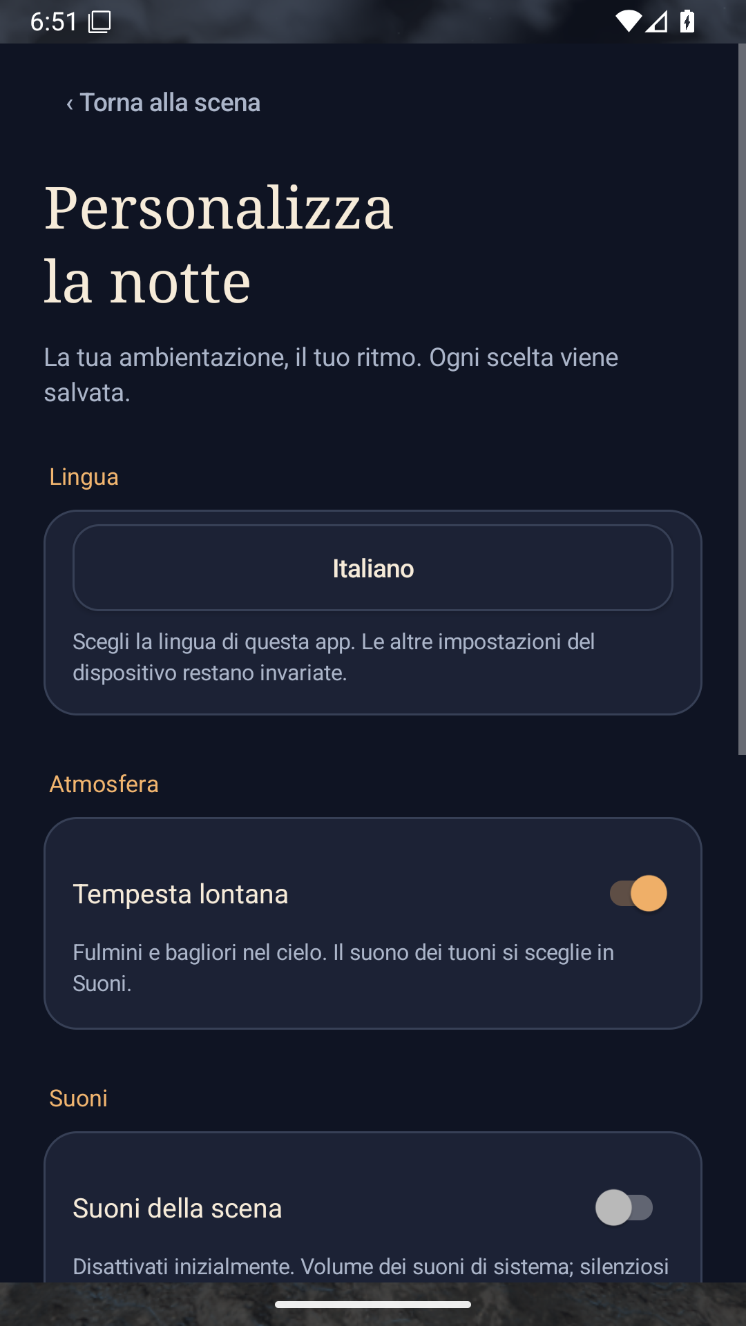 Parte superiore delle impostazioni, con titolo, lingua e opzioni dell’atmosfera.