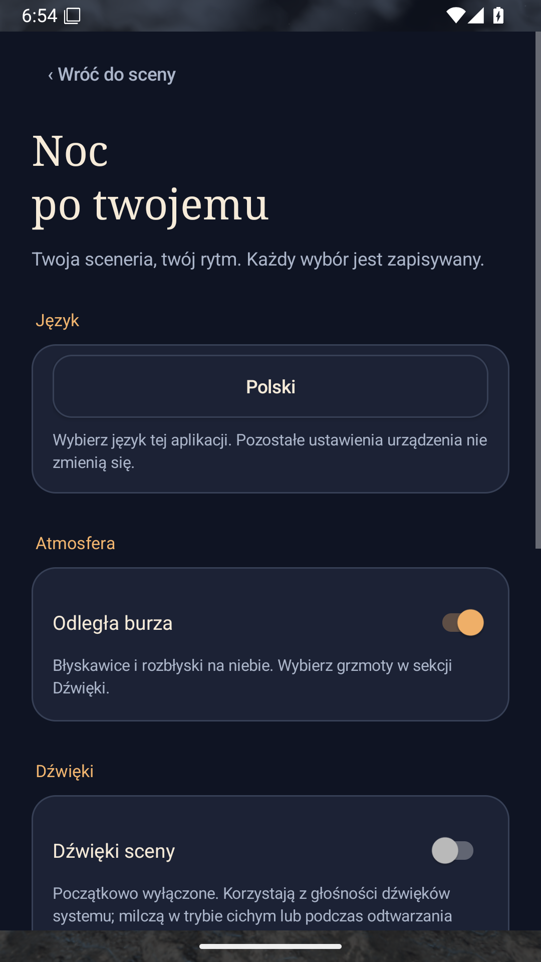 Górna część ustawień z tytułem, językiem i opcjami atmosfery.