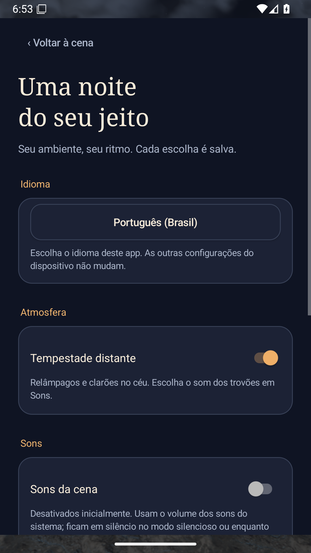 Parte superior das configurações, com título, idioma e opções de ambiente.
