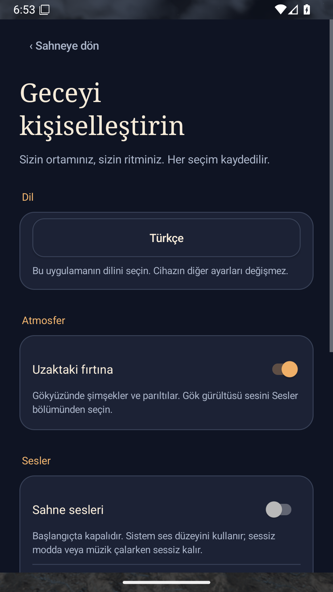 Başlık, dil ve atmosfer seçeneklerini gösteren ayarlar ekranının üst kısmı.