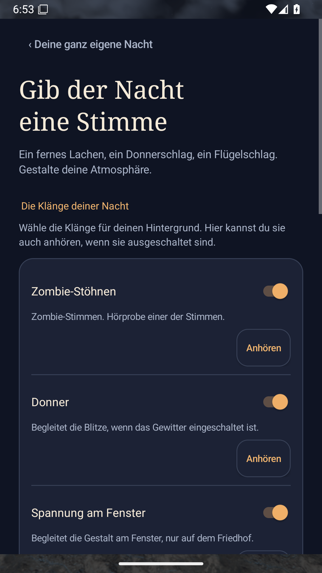 Oberer Teil der Tonseite mit Titel, Schaltern und Schaltflächen für Hörproben.