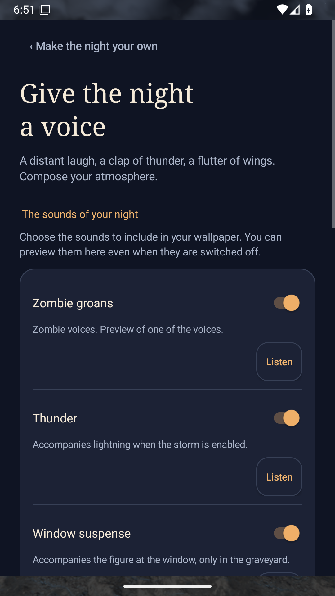 Top of the Sounds screen, showing the title, switches and sound preview buttons.