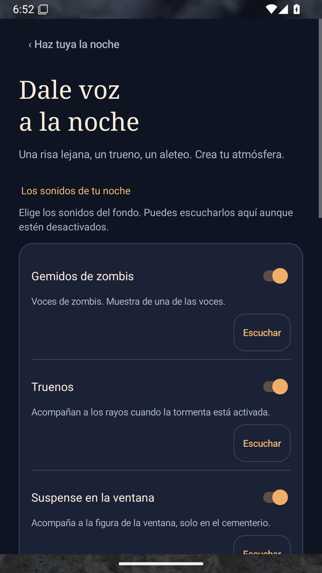 Parte superior de Sonidos, con el título, los interruptores y los botones para escuchar los sonidos.