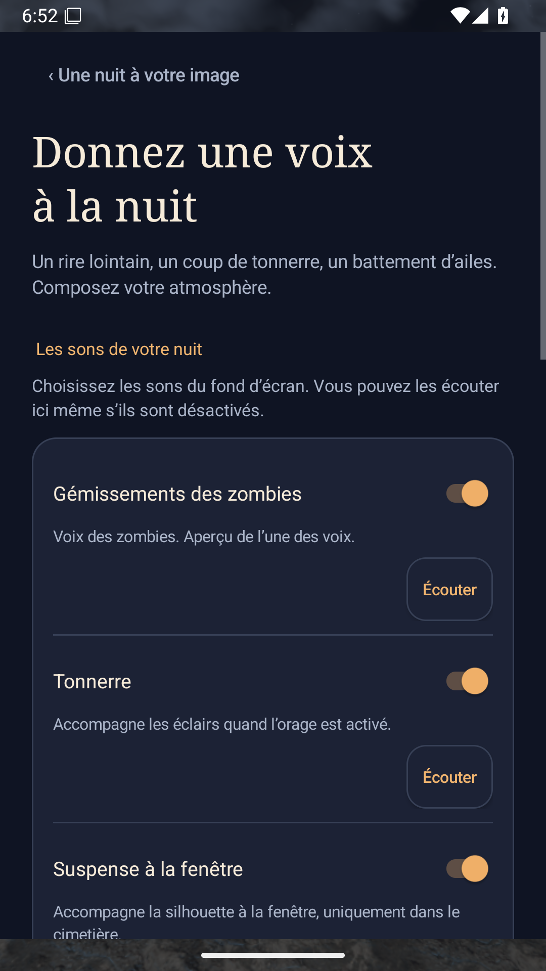 Haut de la page Sons, avec le titre, les interrupteurs et les boutons d’écoute.