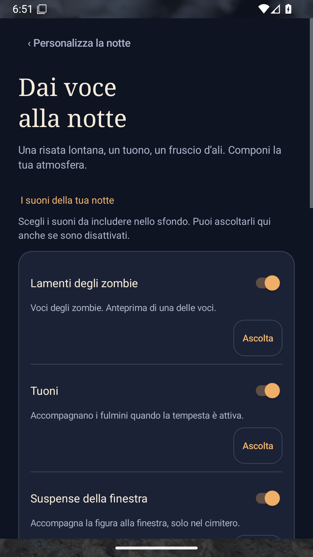 Parte superiore della schermata Suoni, con titolo, interruttori e pulsanti per le anteprime audio.