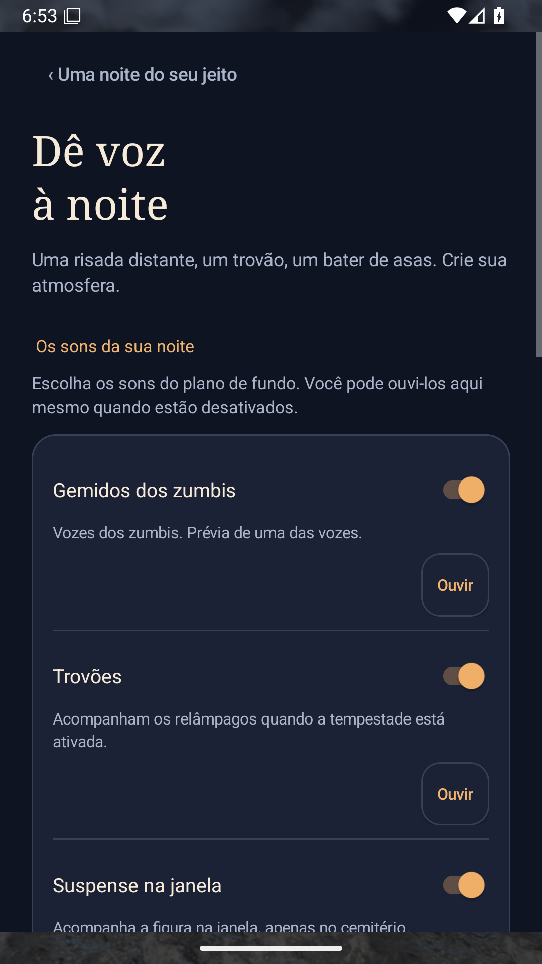 Parte superior da tela Sons, com título, interruptores e botões para ouvir as prévias.
