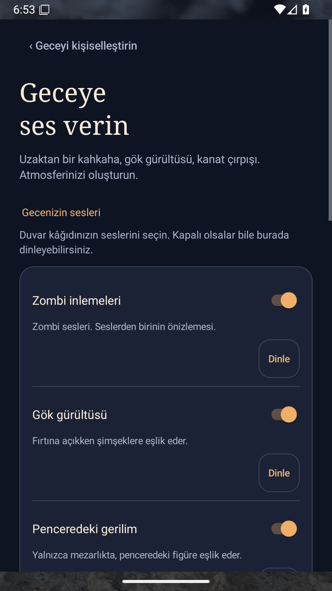 Başlık, anahtarlar ve ses önizleme düğmelerini gösteren Sesler ekranının üst kısmı.