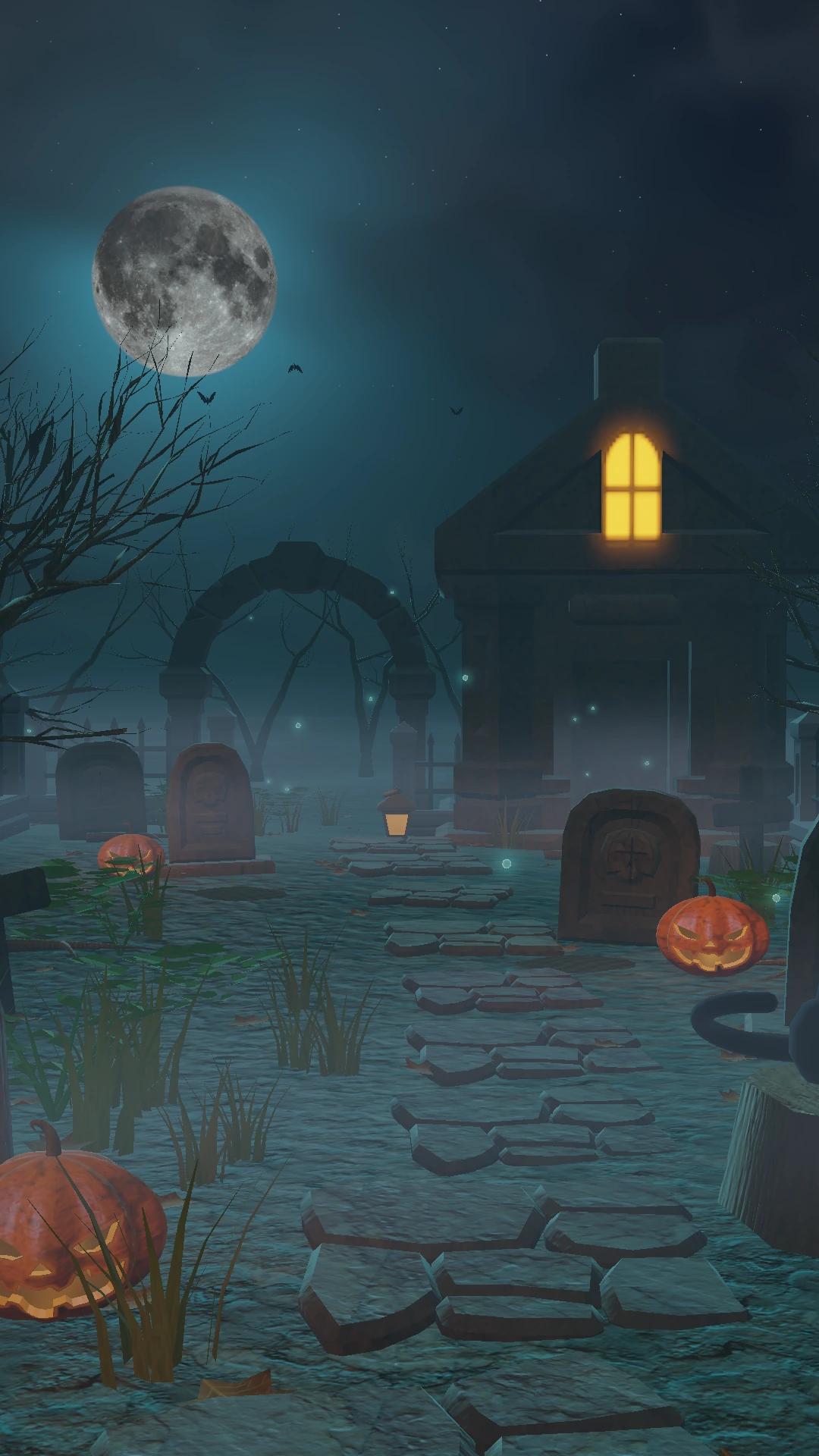 The moonlit graveyard. Candles and carved pumpkins among the gravestones. Mist drifts along the paths and leaves sweep through the night.